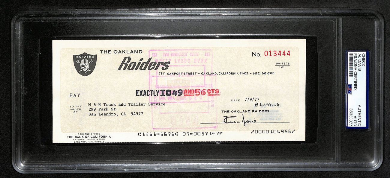 Al Davis HOF Signed/Autographed 8.5x3.5 Bank Check Raiders PSA/DNA 193230