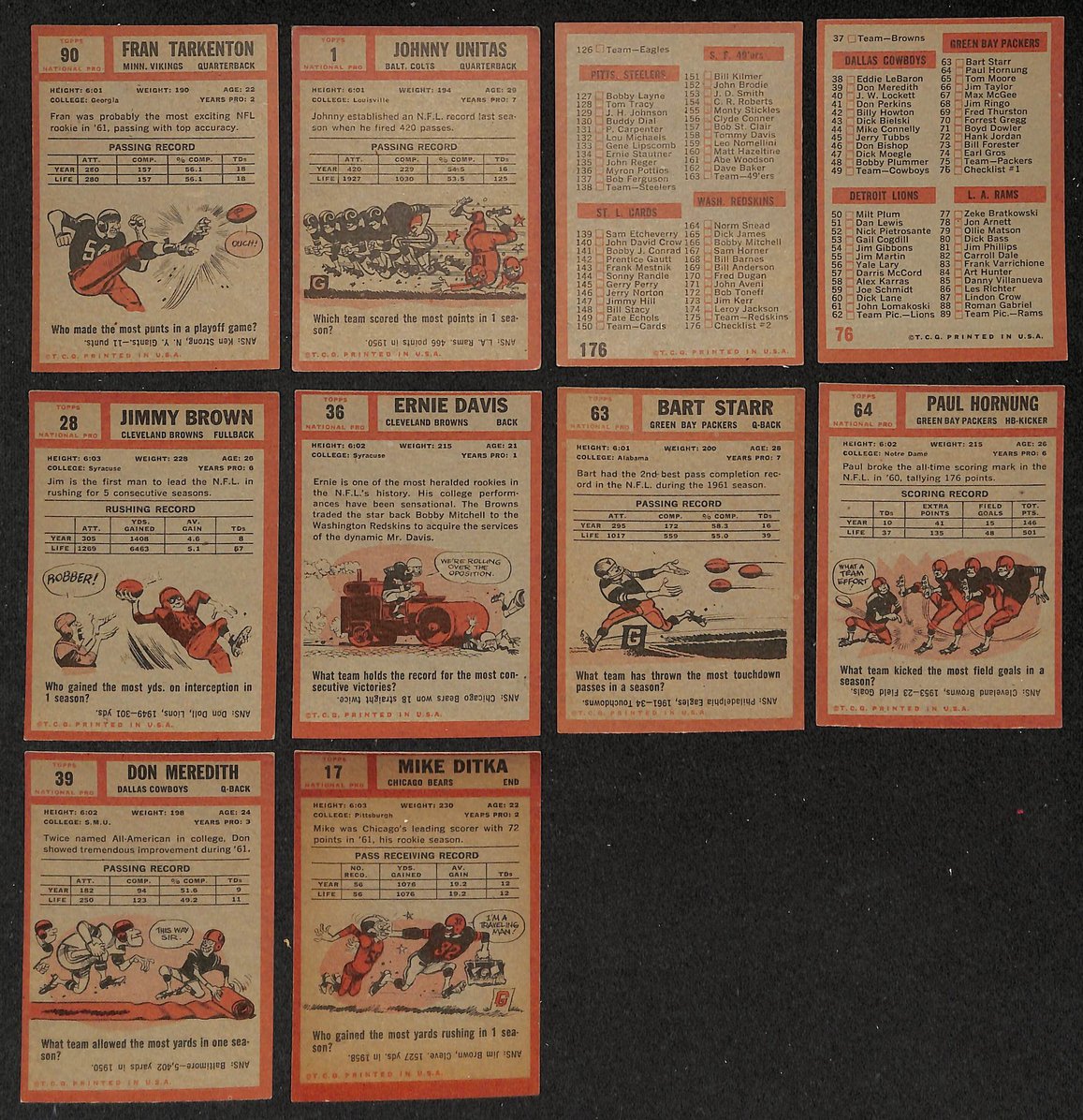 1962 Topps Football Card Complete Set (1-176) Brown Taylor Ditka Unitas 207529
