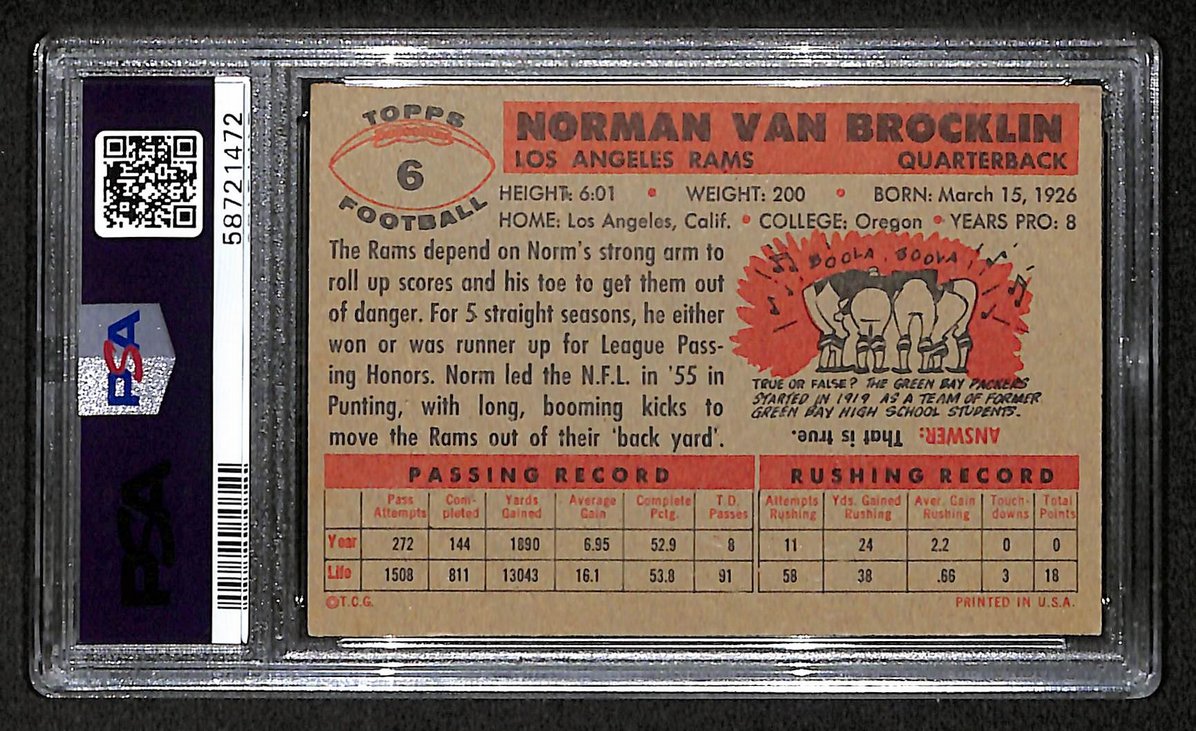 Norm Van Brocklin 1956 Topps Card # 6 Los Angeles Rams PSA 4 BA207573
