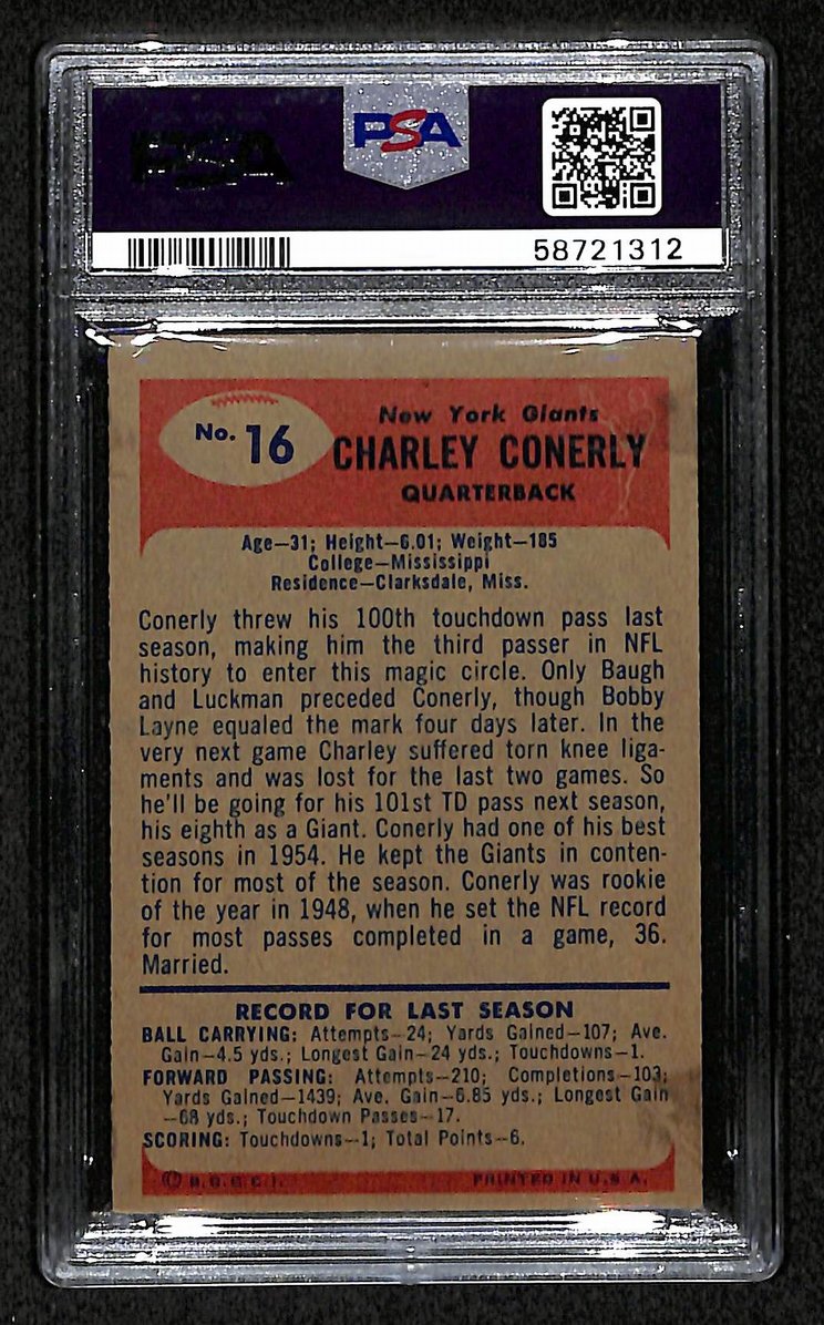 Charley Conerly 1955 Bowman Card # 16 New York Giants PSA 4 BA207576