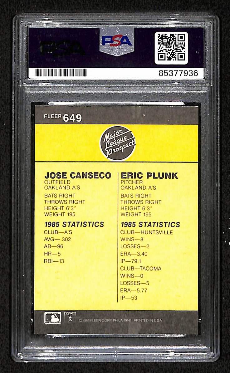 Jose Canseco 1986 Fleer Autographed/Signed RC Card # 649 A's PSA/DNA  BA207516