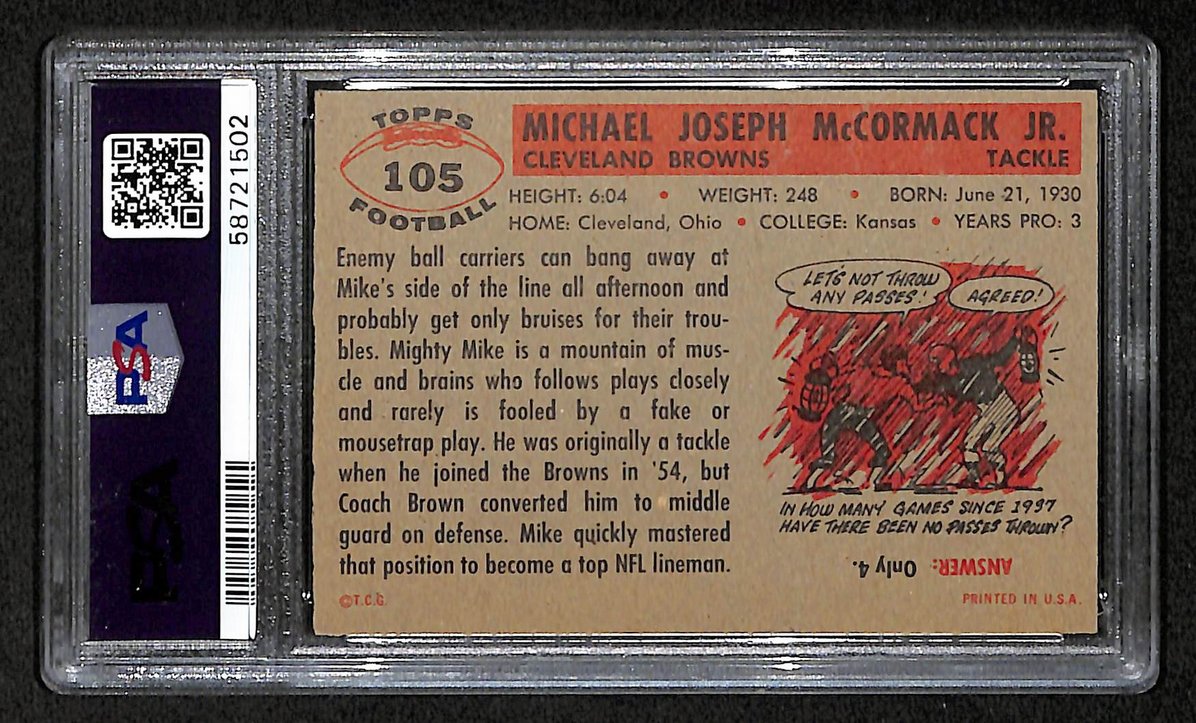 Mike McCormack 1956 Topps Card # 105 Cleveland Browns PSA 6 BA205009