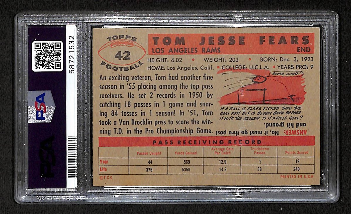 Tom Fears 1956 Topps Card # 42 Los Angeles Rams PSA 6 BA205015