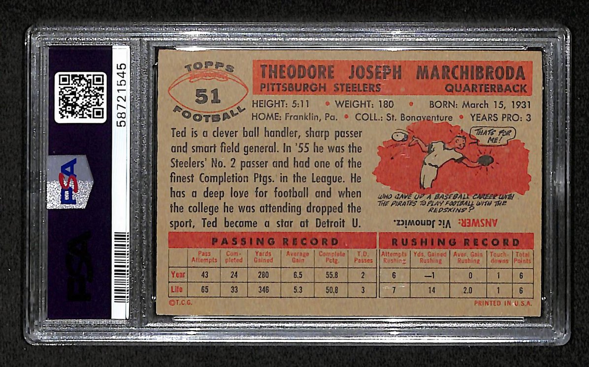 Ted Marchibroda 1956 Topps Card # 51 Pittsburgh Steelers PSA 5 BA205020