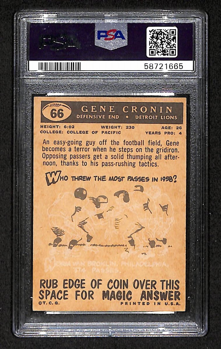 Gene Cronin 1959 Topps Card # 66 Detroit Lions PSA 5 BA205028