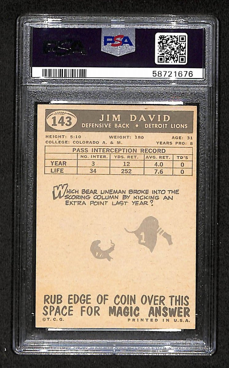 Jim David 1959 Topps Card # 143 Detroit Lions PSA 7 BA205034