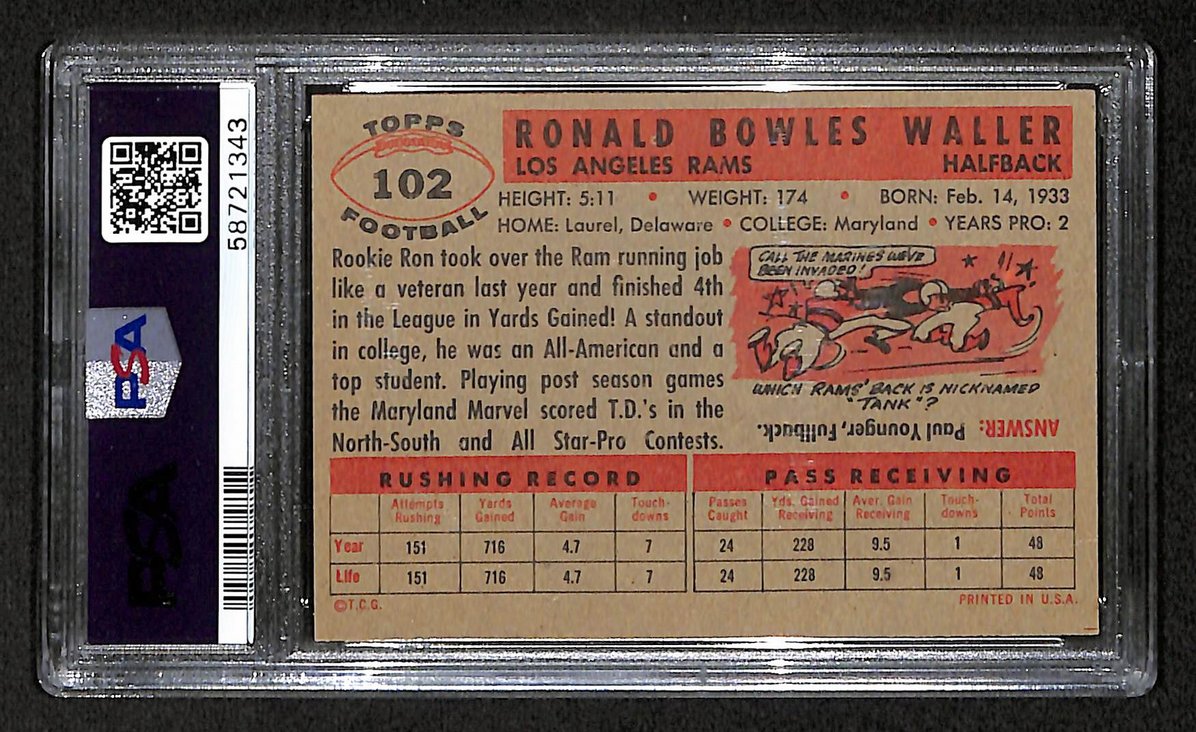 Ron Waller 1956 Topps Card # 102 Los Angeles Rams PSA 6 BA205051