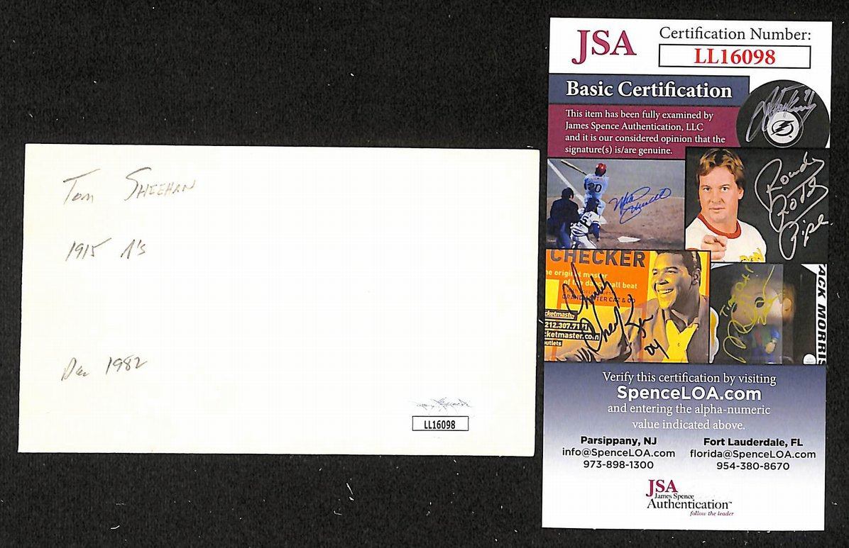Tom Sheehan Yankees Autographed/Signed 3x5 Index Card JSA BA205710