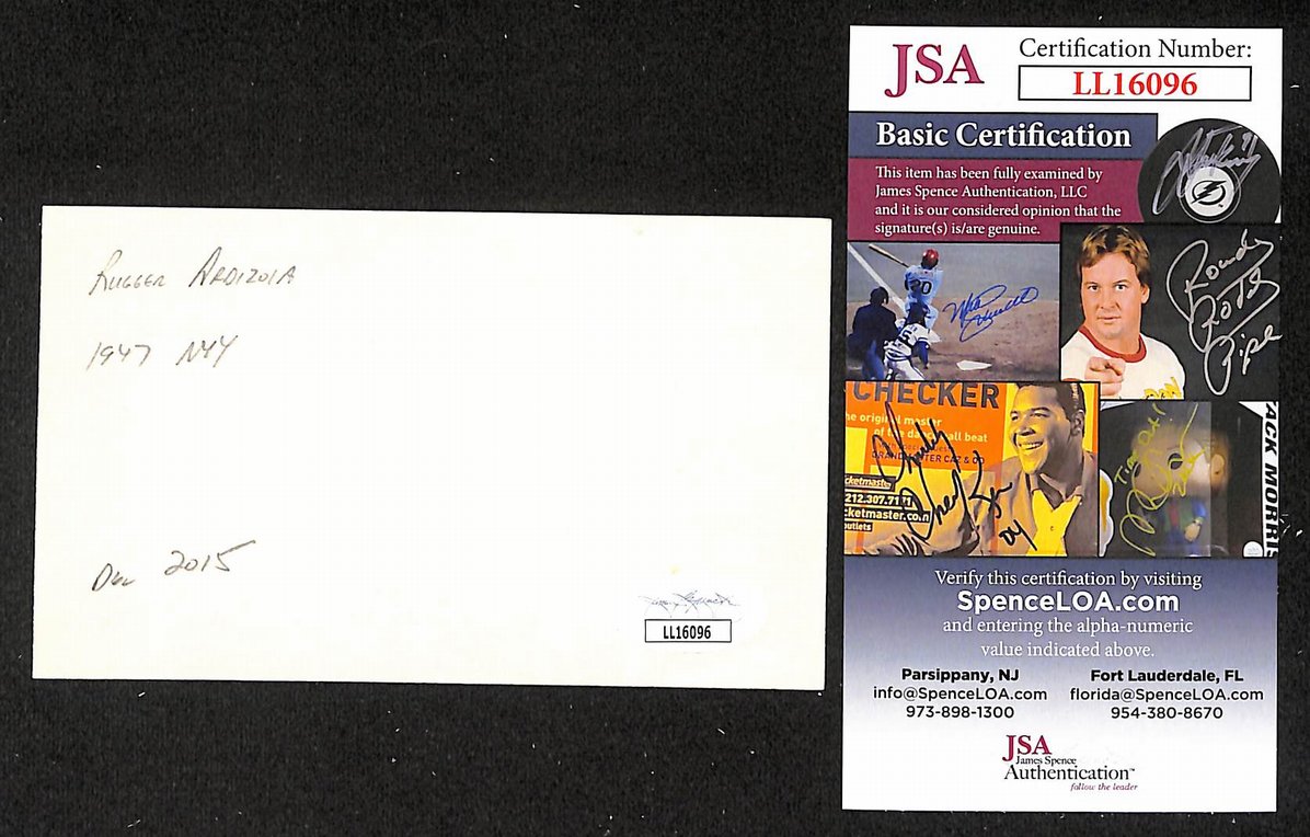 Rugger Ardizoia Yankees Autographed/Signed 3x5 Index Card JSA BA205712