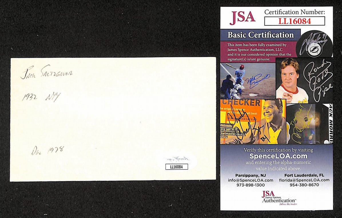 Jack Saltzgaver Yankees Autographed/Signed 3x5 Index Card JSA BA205719
