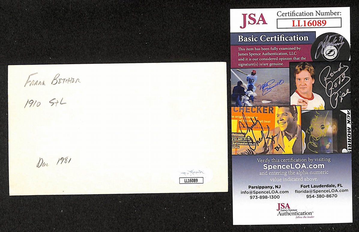 Frank Betcher Cardinals Autographed/Signed 3x5 Index Card JSA BA205721