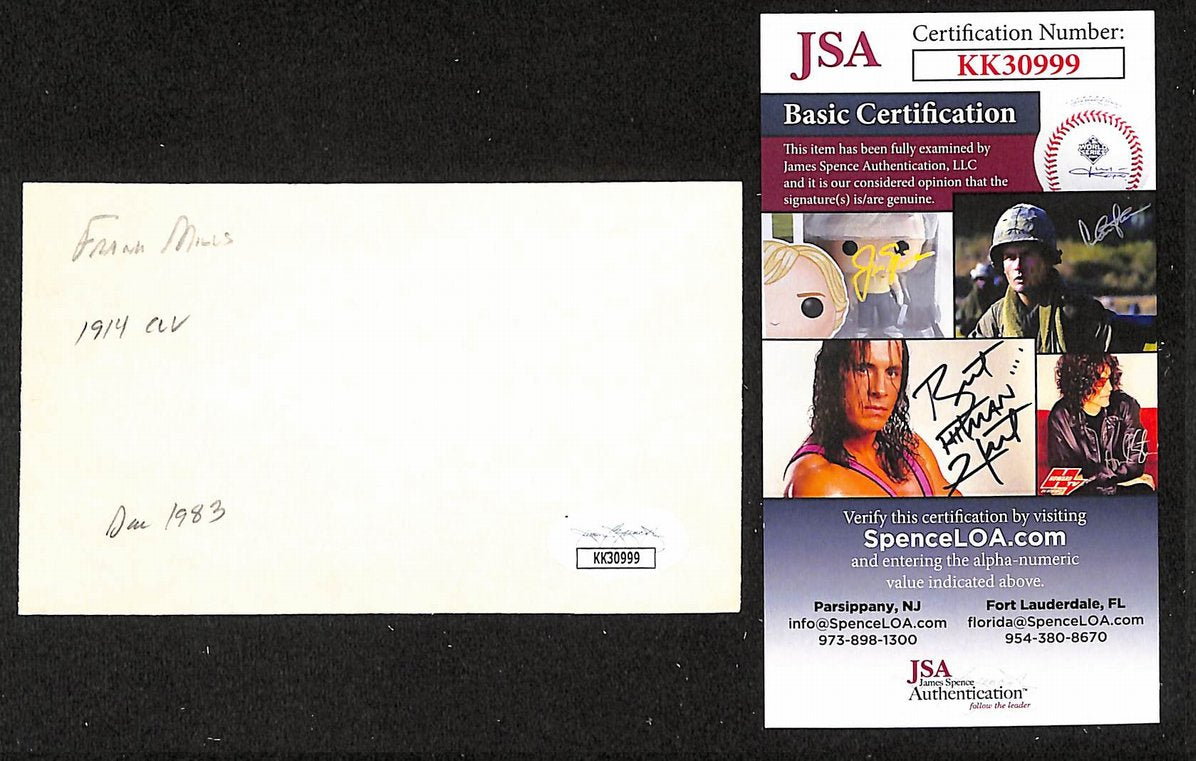Frank Mills Cleveland Naps Autographed/Signed 3x5 Index Card JSA BA205722