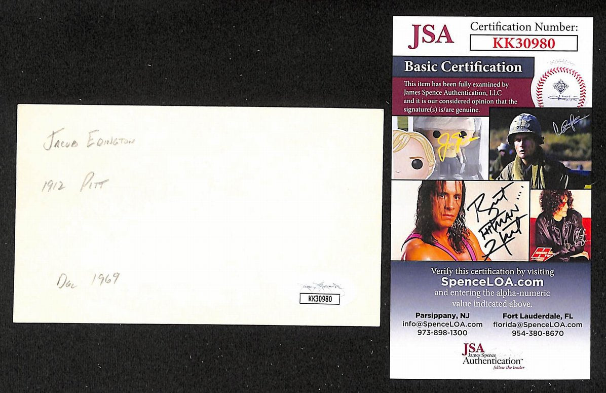 Stump Edington Pirates Autographed/Signed 3x5 Index Card JSA BA205726