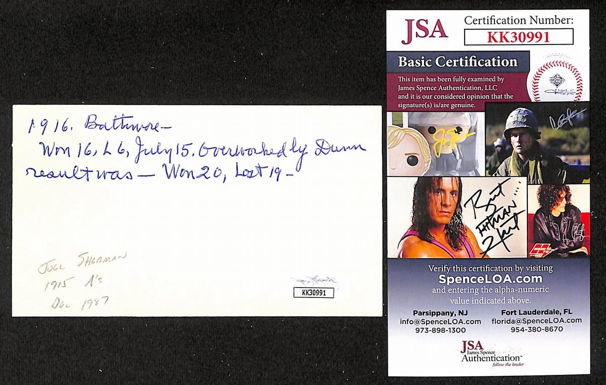 Joel Sherman Athletics Autographed/Signed 3x5 Index Card JSA BA205727