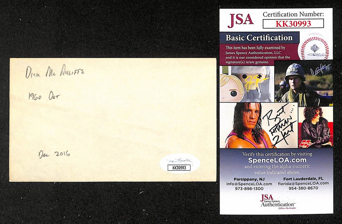 Dick McAuliffe Tigers Autographed/Signed 3x5 Index Card JSA BA205731