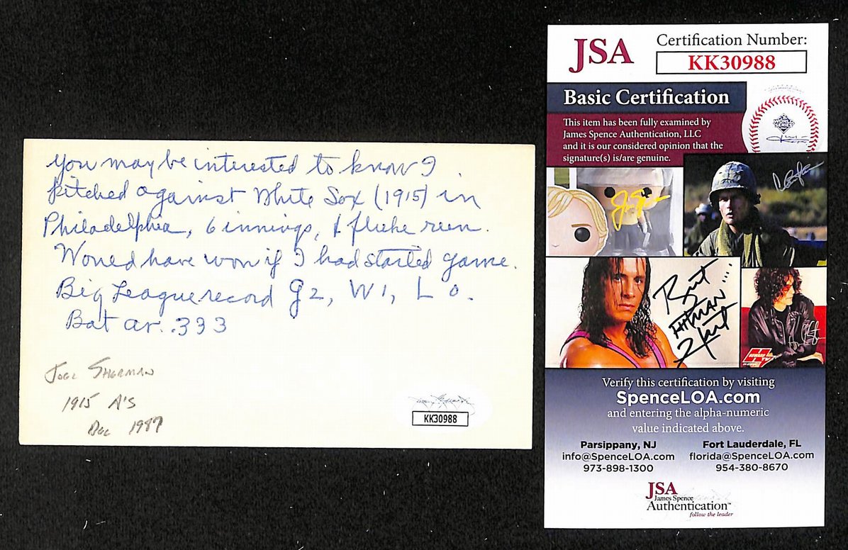 Joel Sherman Athletics Autographed/Signed 3x5 Index Card JSA BA205734
