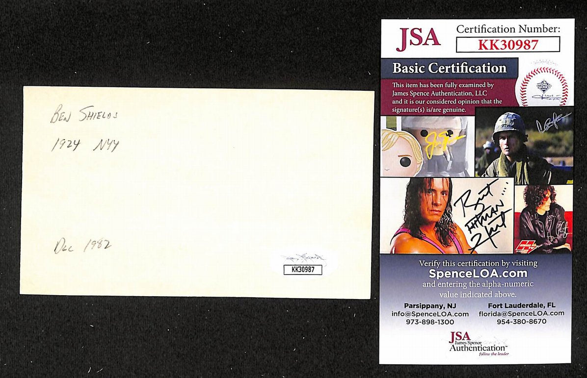 Ben Shields Yankees Autographed/Signed 3x5 Index Card JSA BA205735
