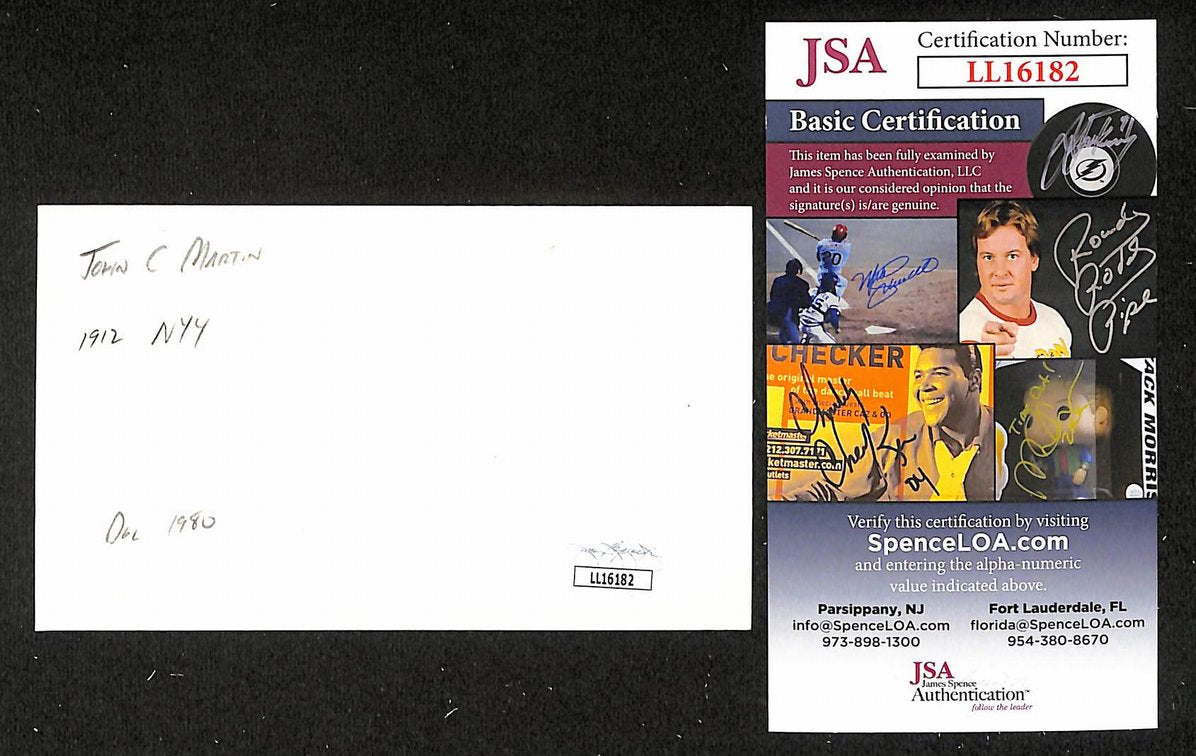 John Martin Yankees Autographed/Signed 3x5 Index Card JSA BA205737