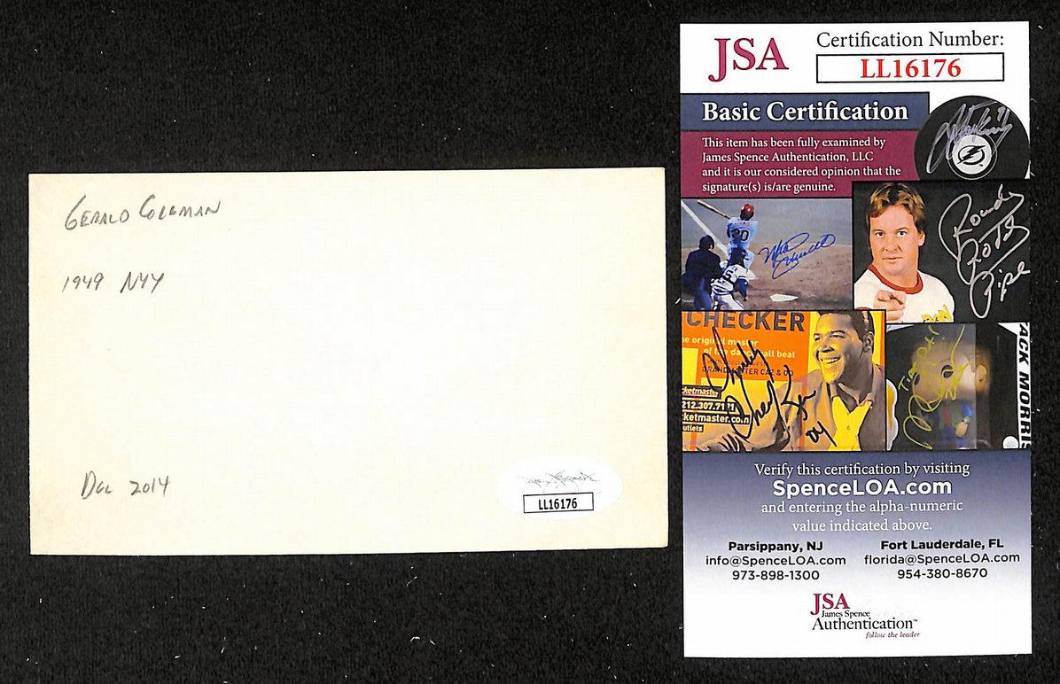 Gerald Coleman Yankees Autographed/Signed 3x5 Index Card JSA BA205741