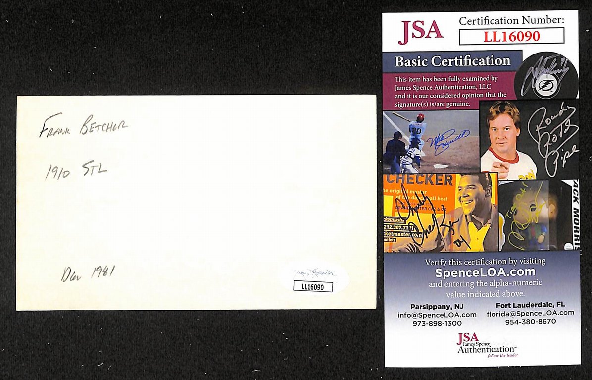 Frank Betcher Cardinals Autographed/Signed 3x5 Index Card JSA BA205761
