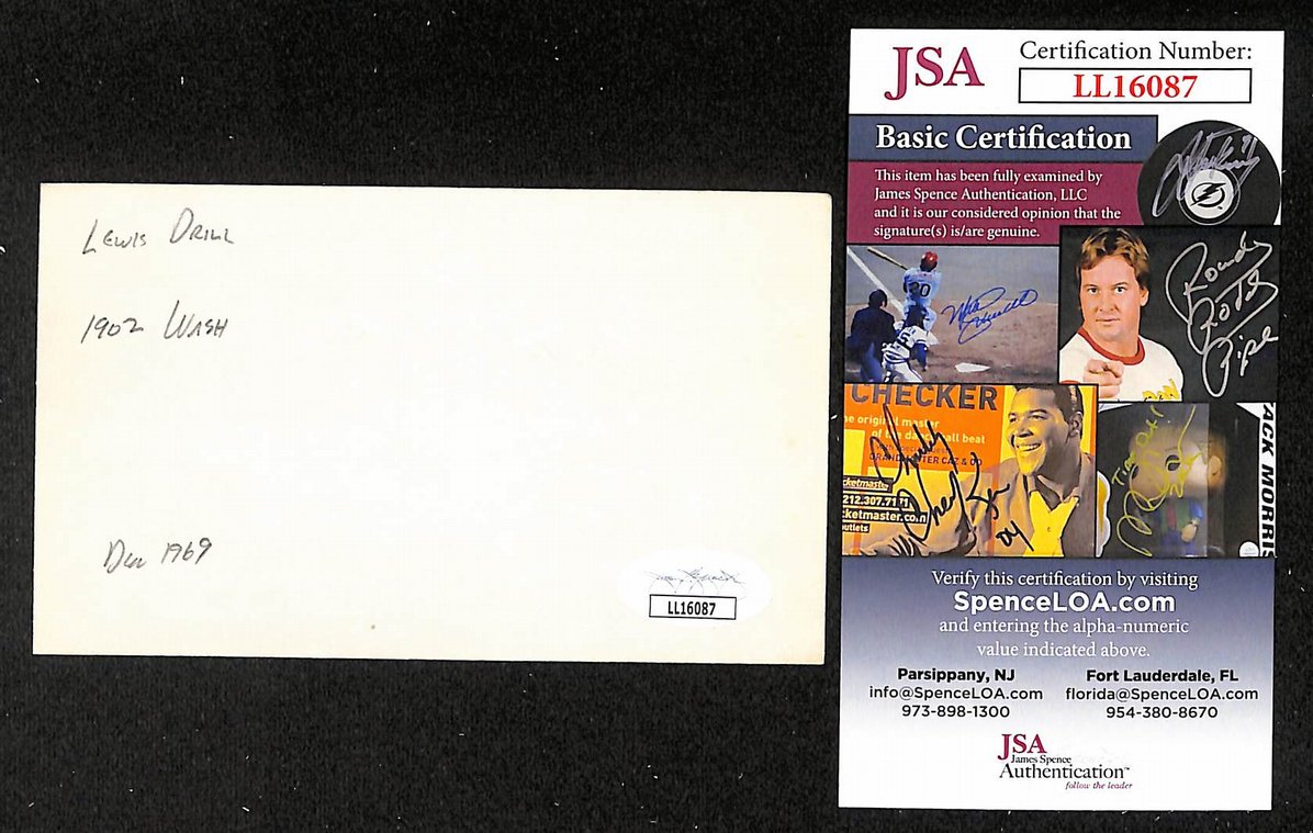 Lewis Drill Senators Autographed/Signed 3x5 Index Card JSA BA205762