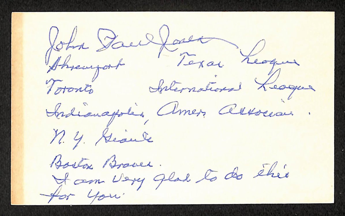 Johnny Jones Giants Autographed/Signed 3x5 Index Card JSA BA207667
