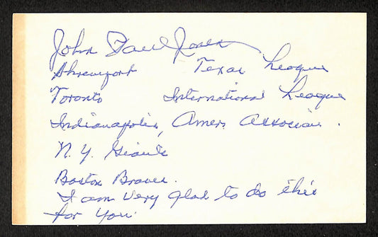 Johnny Jones Giants Autographed/Signed 3x5 Index Card JSA BA207667