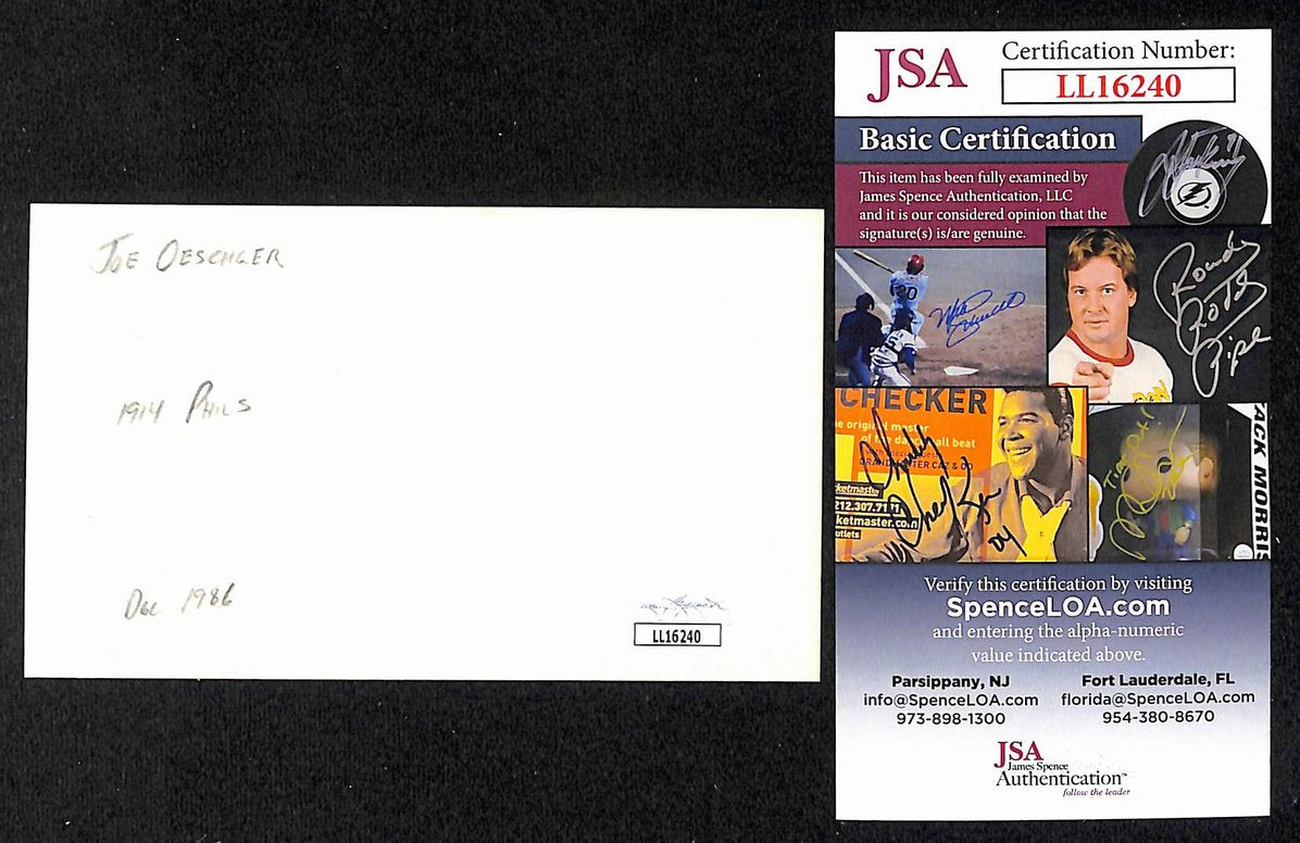 Joe Oeschger Phillies Autographed/Signed 3x5 Index Card JSA BA207668