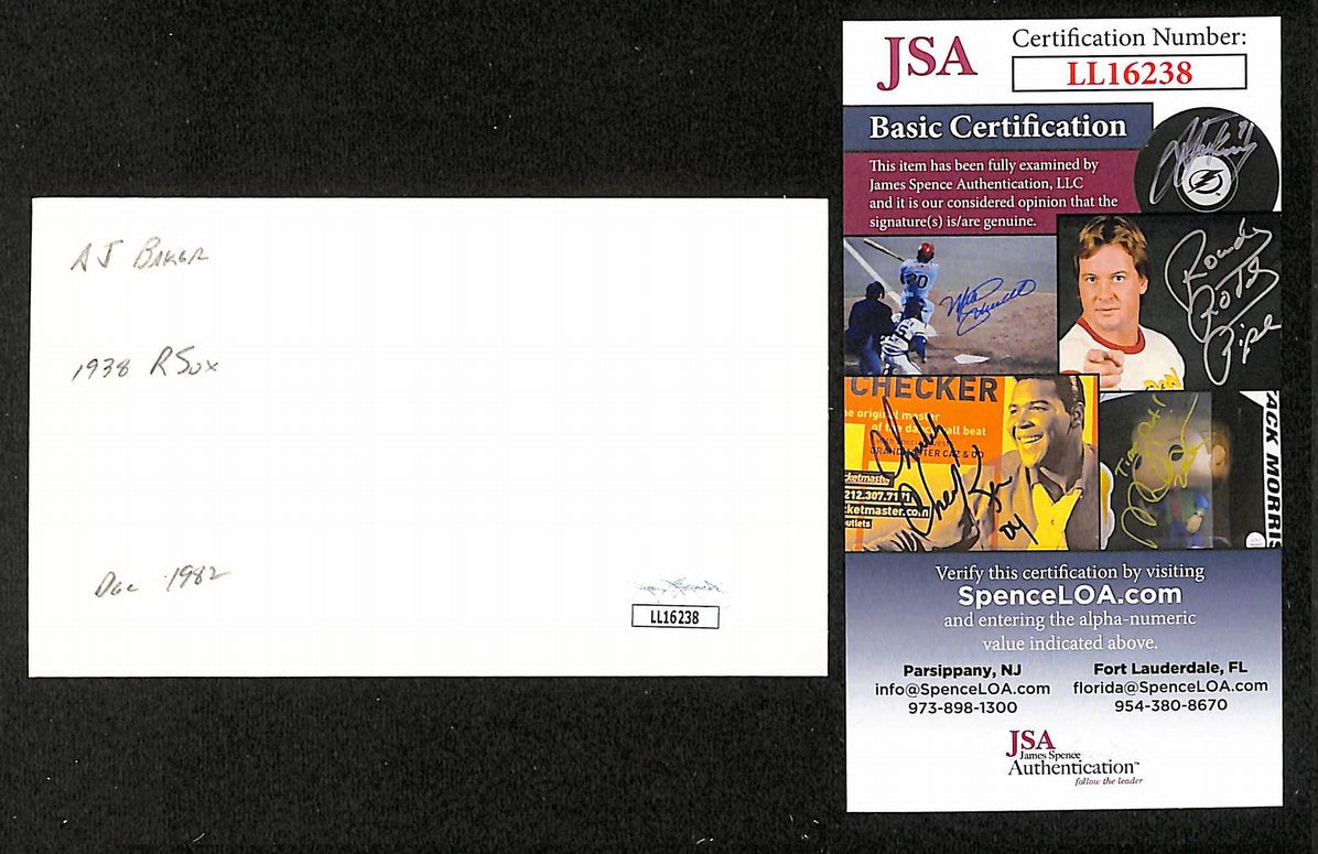 Al Baker Red Sox Autographed/Signed 3x5 Index Card JSA BA207670