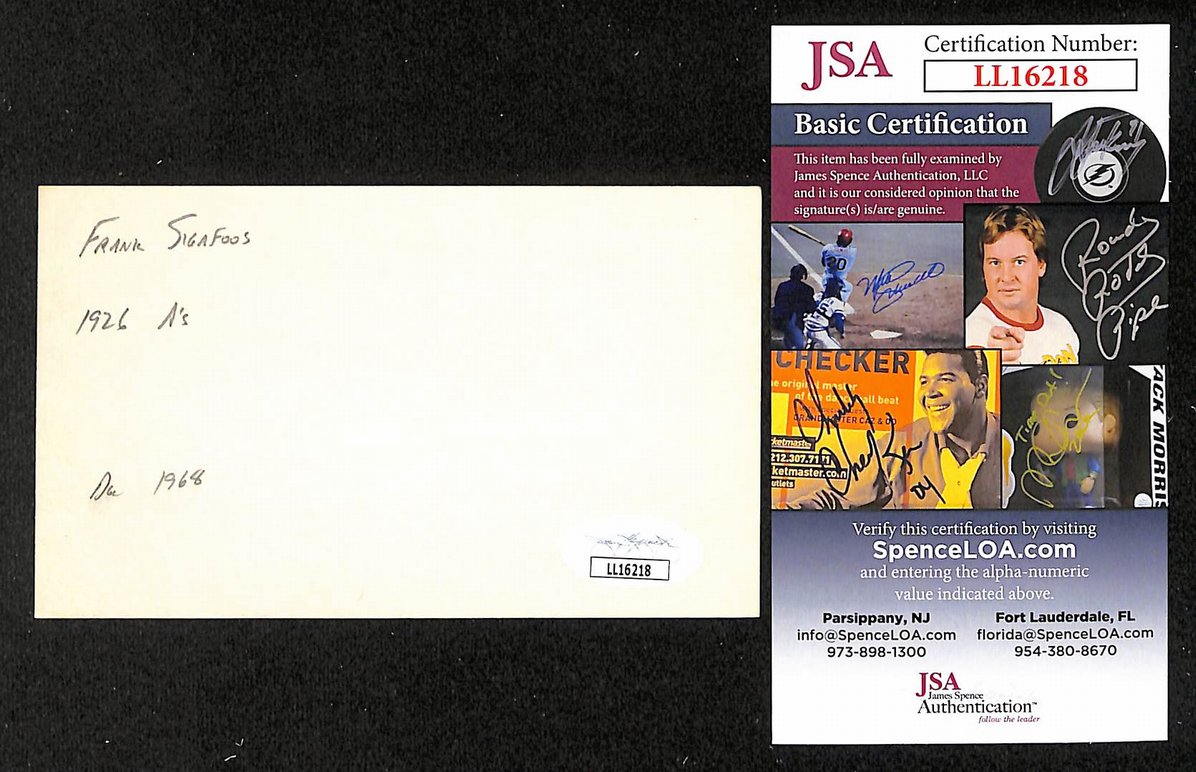 Frank Sigafoos Athletics Autographed/Signed 3x5 Index Card JSA BA207677