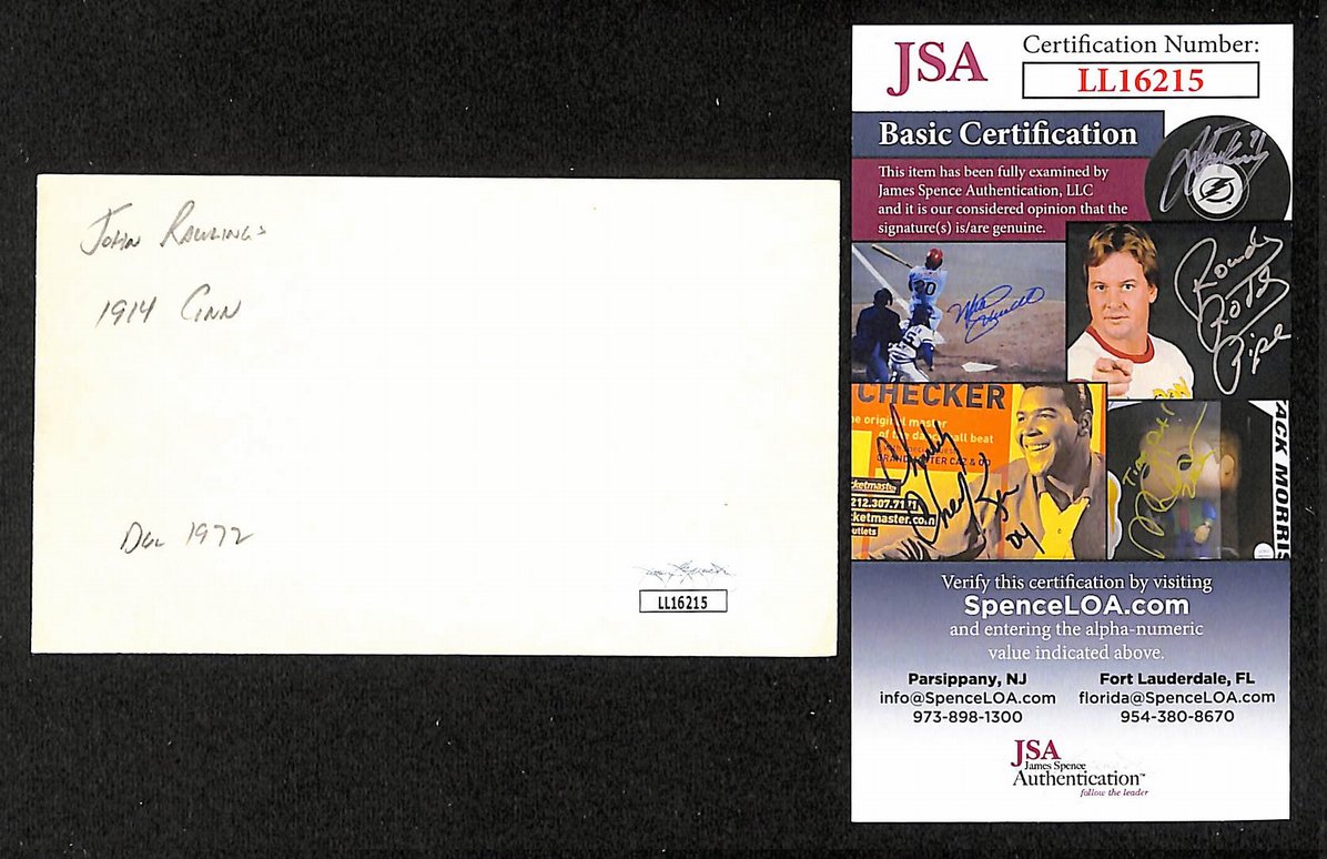 Johnny Rawlings Phillies Autographed/Signed 3x5 Index Card JSA BA207680