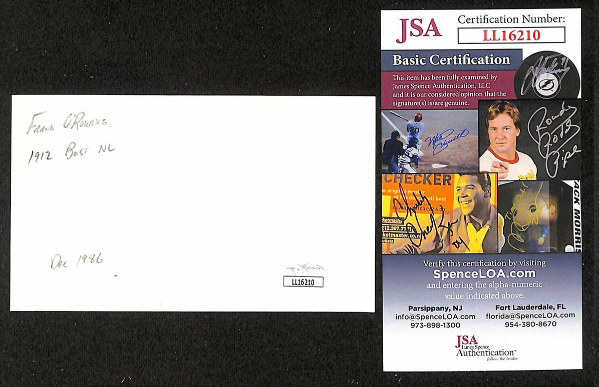 Frank O'Rourke Red Sox Autographed/Signed 3x5 Index Card JSA BA207683