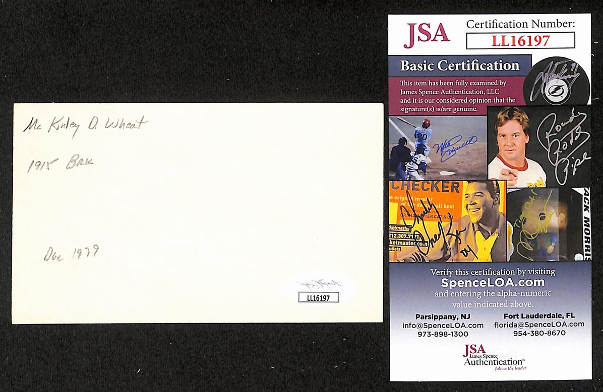 Mack Wheat Phillies Autographed/Signed 3x5 Index Card JSA BA207692