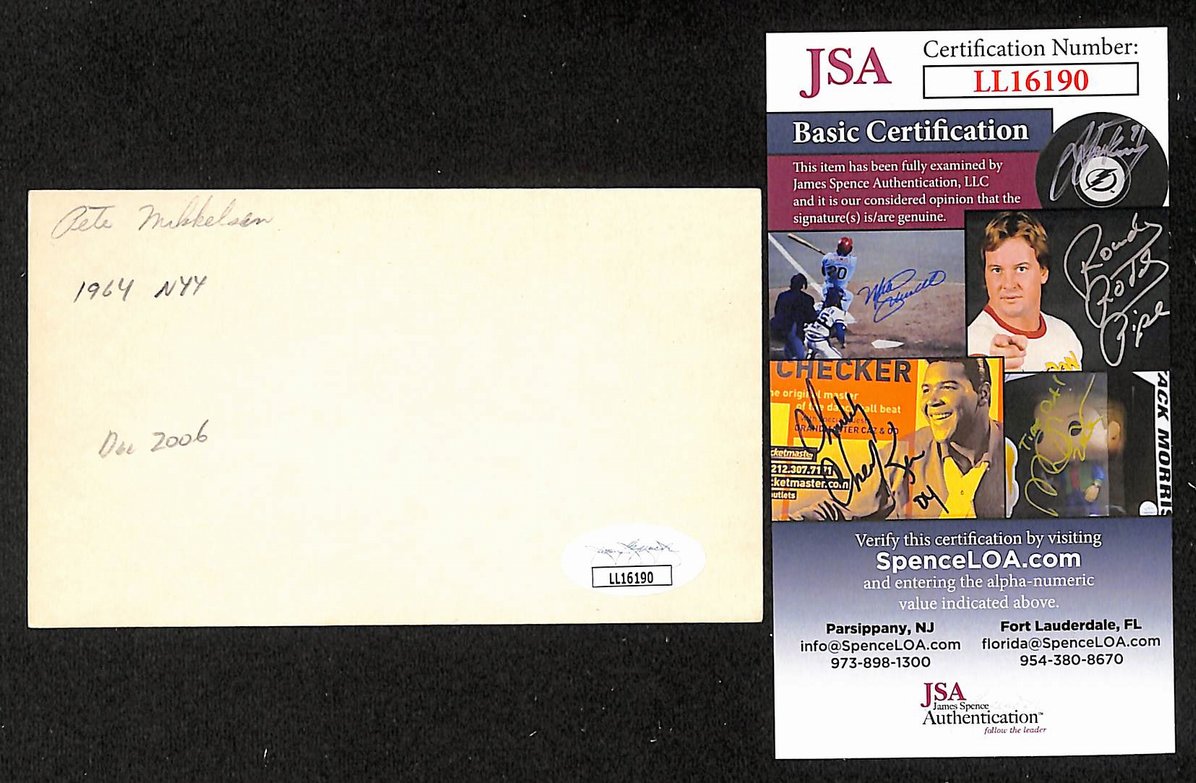 Pete Mikkelsen Yankees Autographed/Signed 3x5 Index Card JSA BA207697