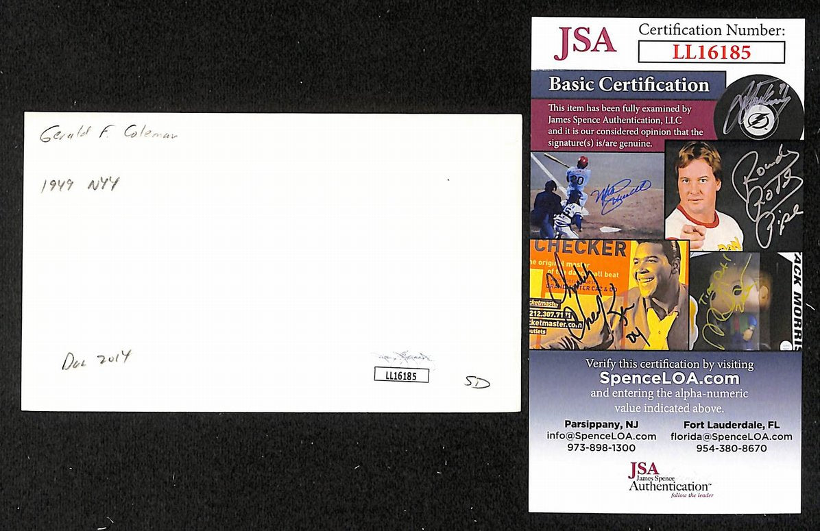 Gerald Coleman Yankees Autographed/Signed 3x5 Index Card JSA BA207701