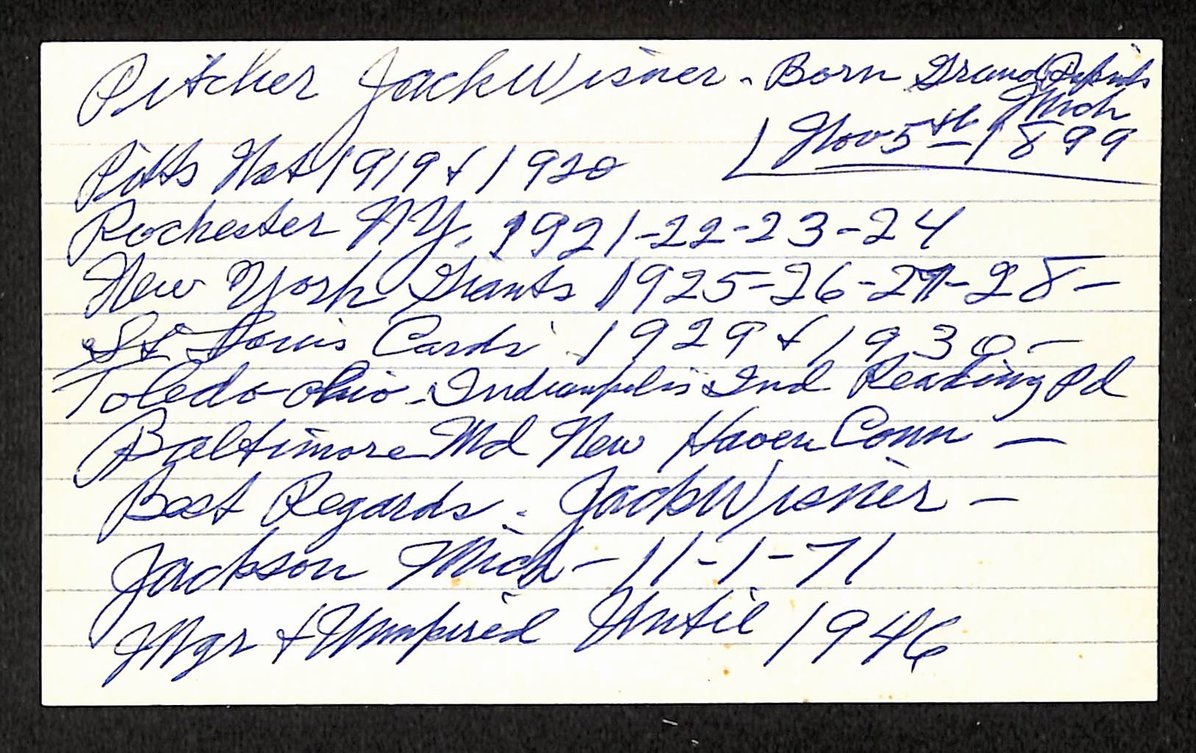 Jack Wisner Pirates Autographed/Signed 3x5 Index Card JSA BA207706