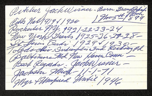 Jack Wisner Pirates Autographed/Signed 3x5 Index Card JSA BA207706