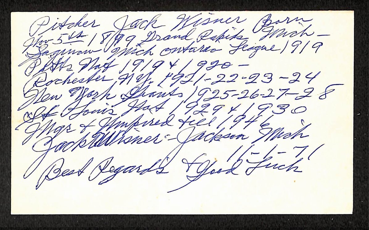 Jack Wisner Pirates Autographed/Signed 3x5 Index Card JSA BA207707