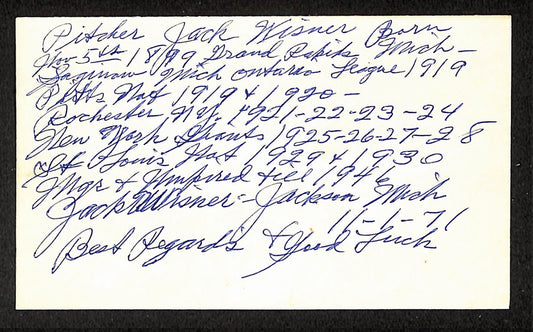 Jack Wisner Pirates Autographed/Signed 3x5 Index Card JSA BA207707