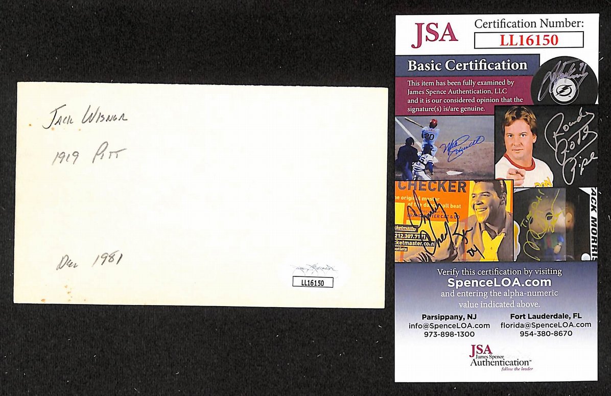 Jack Wisner Pirates Autographed/Signed 3x5 Index Card JSA BA207707