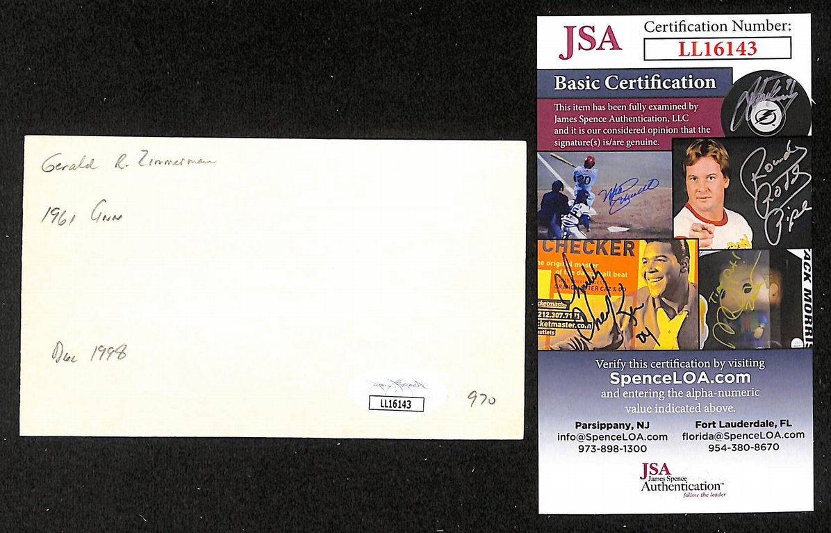 Jerry Zimmerman Reds Autographed/Signed 3x5 Index Card JSA BA207714