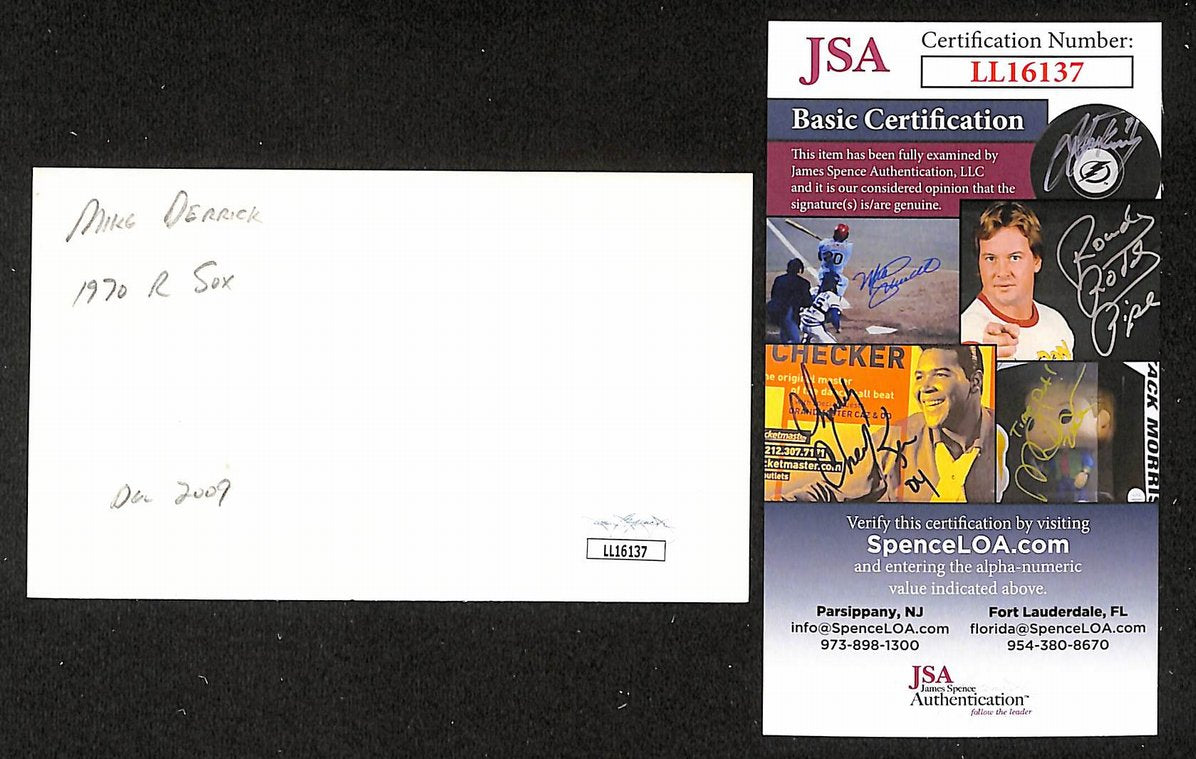 Mike Derrick Red Sox Autographed/Signed 3x5 Index Card JSA BA207719