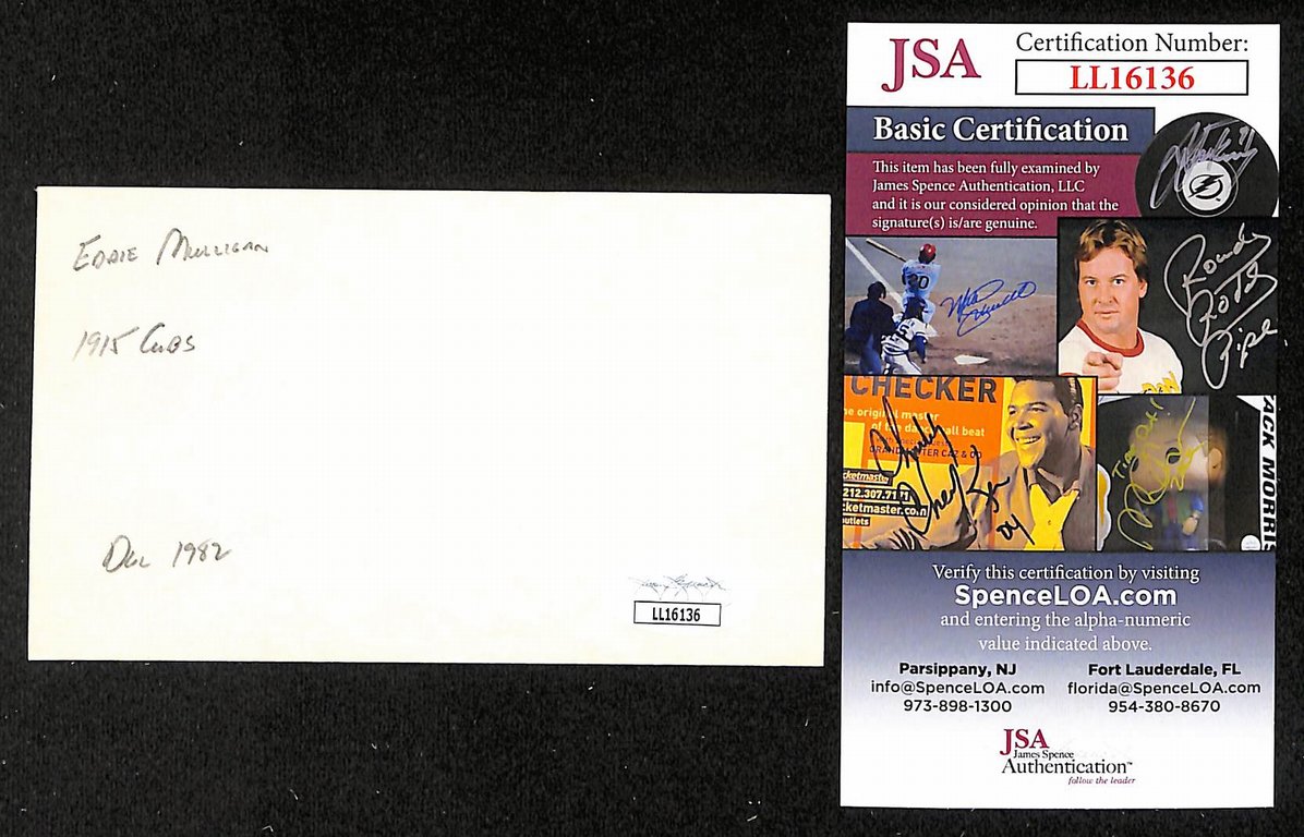 Eddie Mulligan Cubs Autographed/Signed 3x5 Index Card JSA BA207720