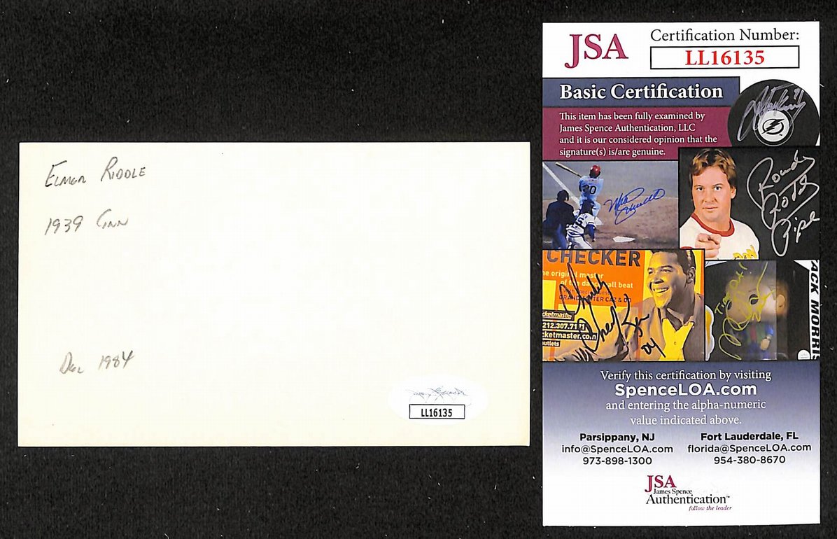 Elmer Riddle Pirates Autographed/Signed 3x5 Index Card JSA BA207721