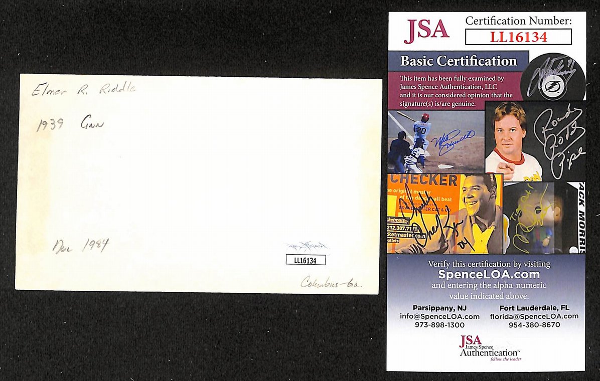 Elmer Riddle Pirates Autographed/Signed 3x5 Index Card JSA BA207722