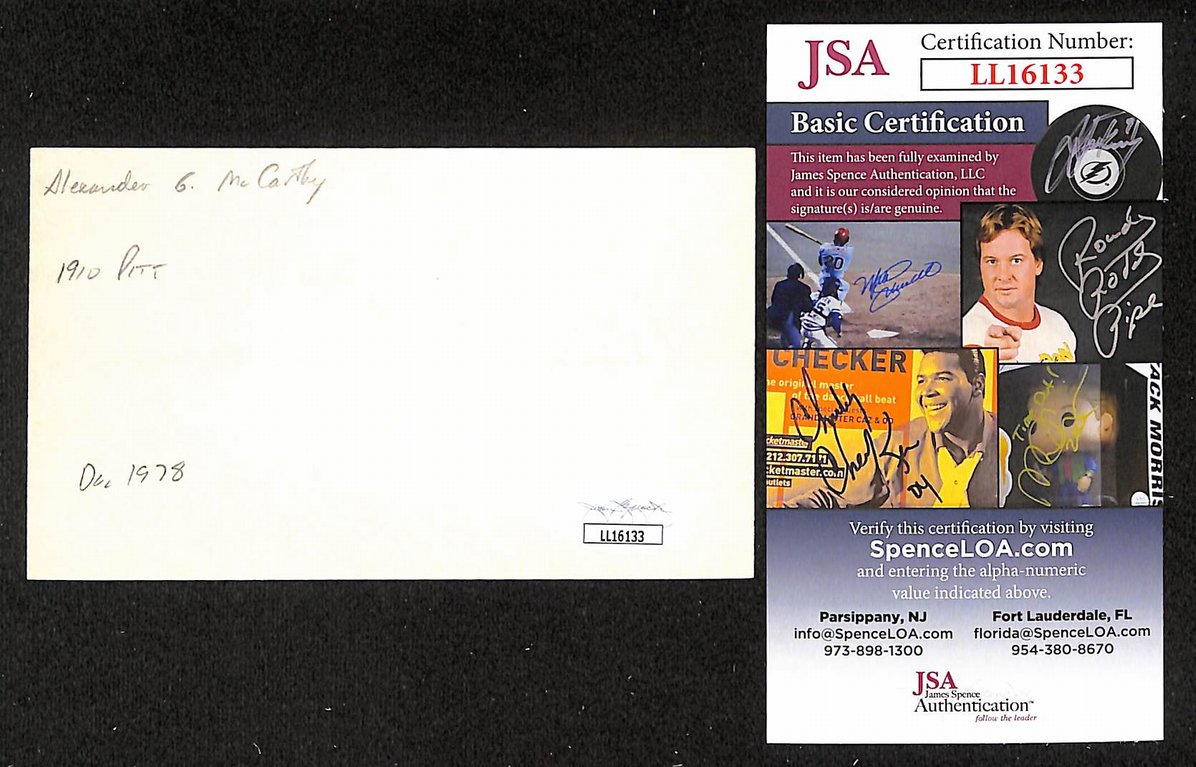 Alex McCarthy Pirates Autographed/Signed 3x5 Index Card JSA BA207723