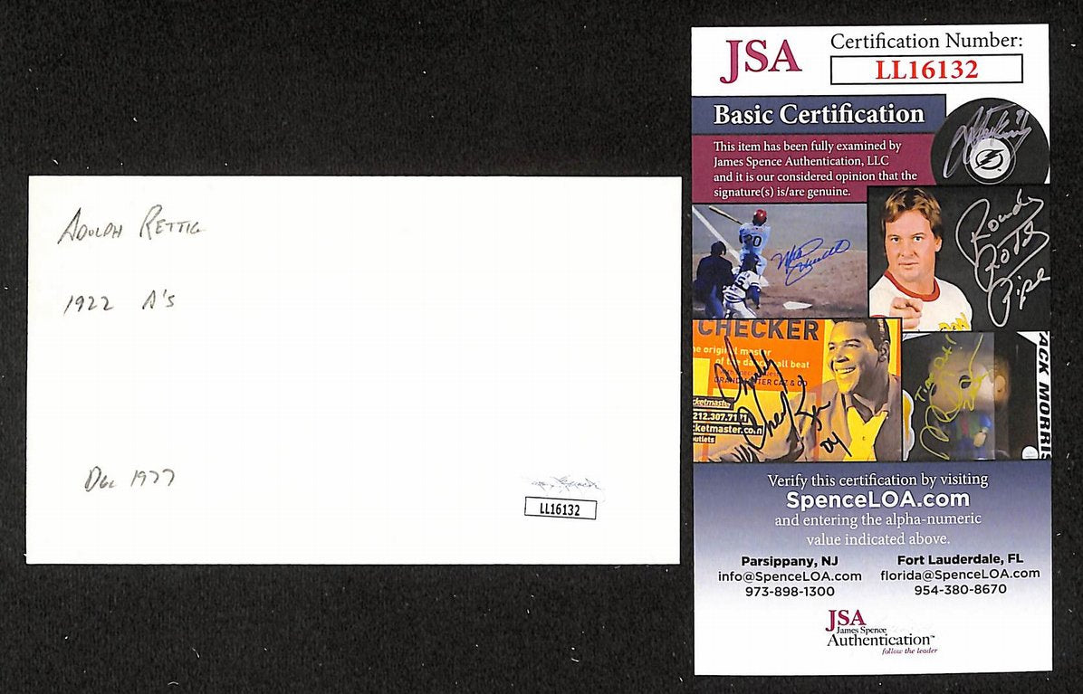 Otto Rettig Athletics Autographed/Signed 3x5 Index Card JSA BA207724