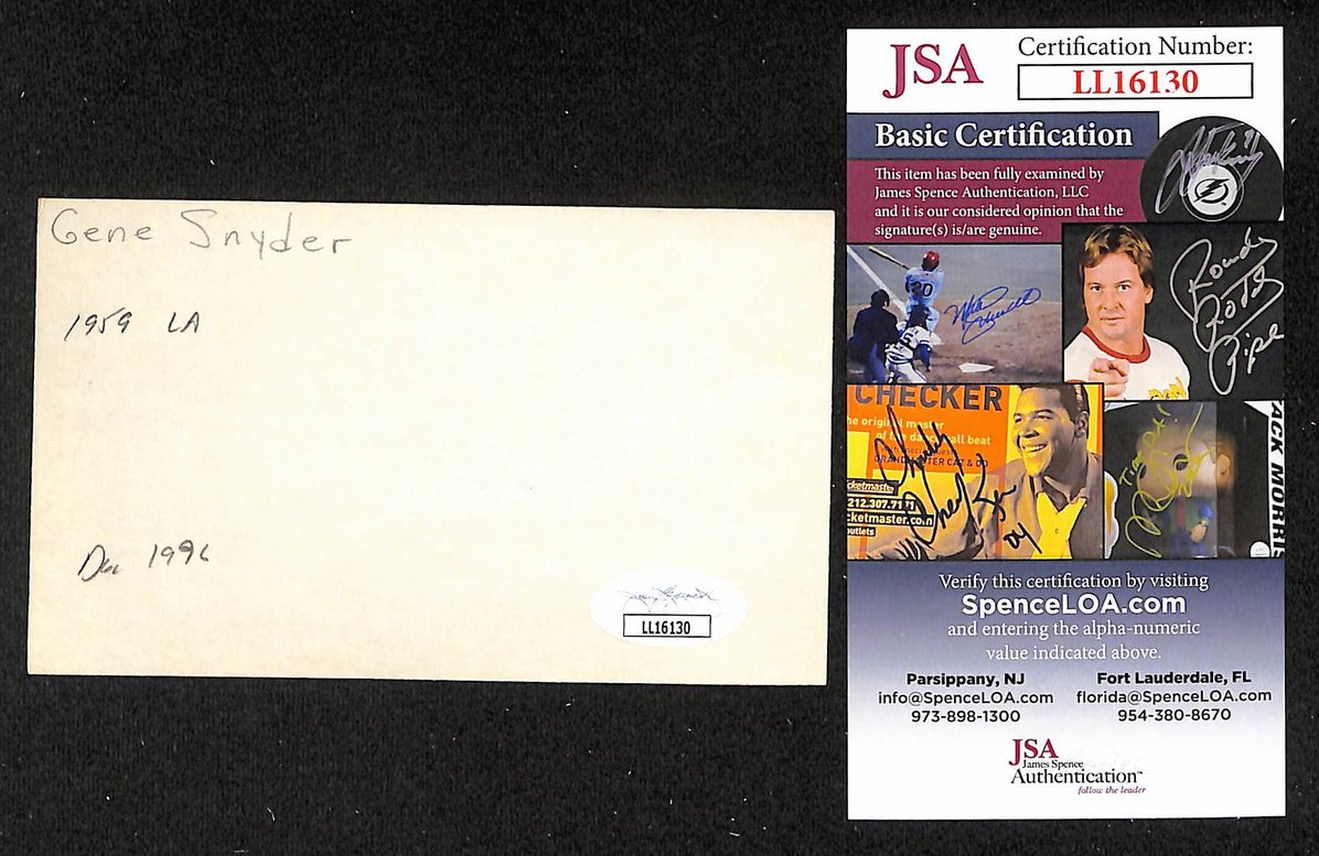Gene Snyder Dodgers Autographed/Signed 3x5 Index Card JSA BA207725