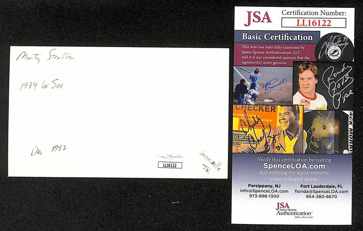 Monty Stratton White Sox Autographed/Signed 3x5 Index Card JSA BA207731