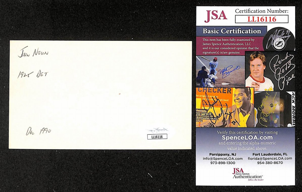 Johnny Neun Yankees Autographed/Signed 3x5 Index Card JSA BA207736